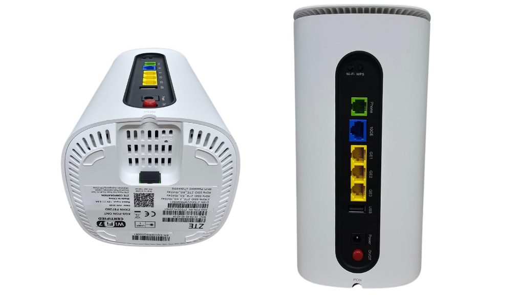 Modem FPT Wi-Fi 7 BE12000C màu trắng, hiển thị chi tiết mặt trước với các đèn LED báo trạng thái và mặt sau với các cổng kết nối mạng LAN/WAN tốc độ cao.