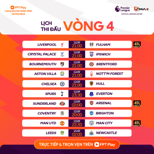 lịch thi đấu vòng 4 ngoại hạng anh