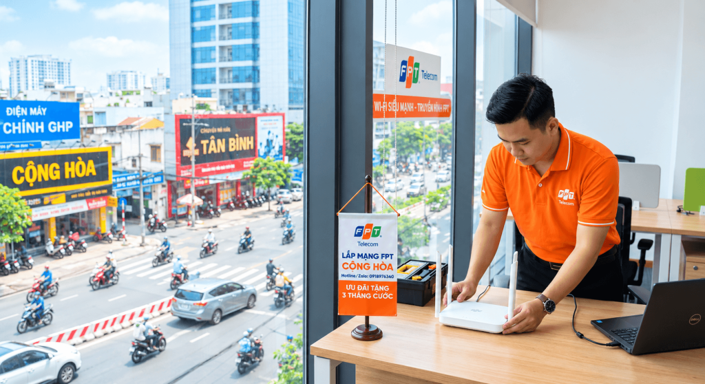 Kỹ thuật viên FPT đang triển khai lắp đặt và cấu hình modem Wi-Fi 6 tốc độ cao cho khách hàng tại văn phòng trên đường Cộng Hòa, quận Tân Bình.