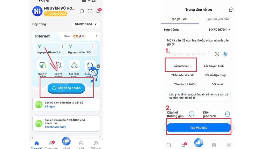 Hai ảnh chụp màn hình ứng dụng Hi FPT hướng dẫn các bước để đổi mật khẩu wifi, bao gồm tab Quản lý và chi tiết Hợp đồng.